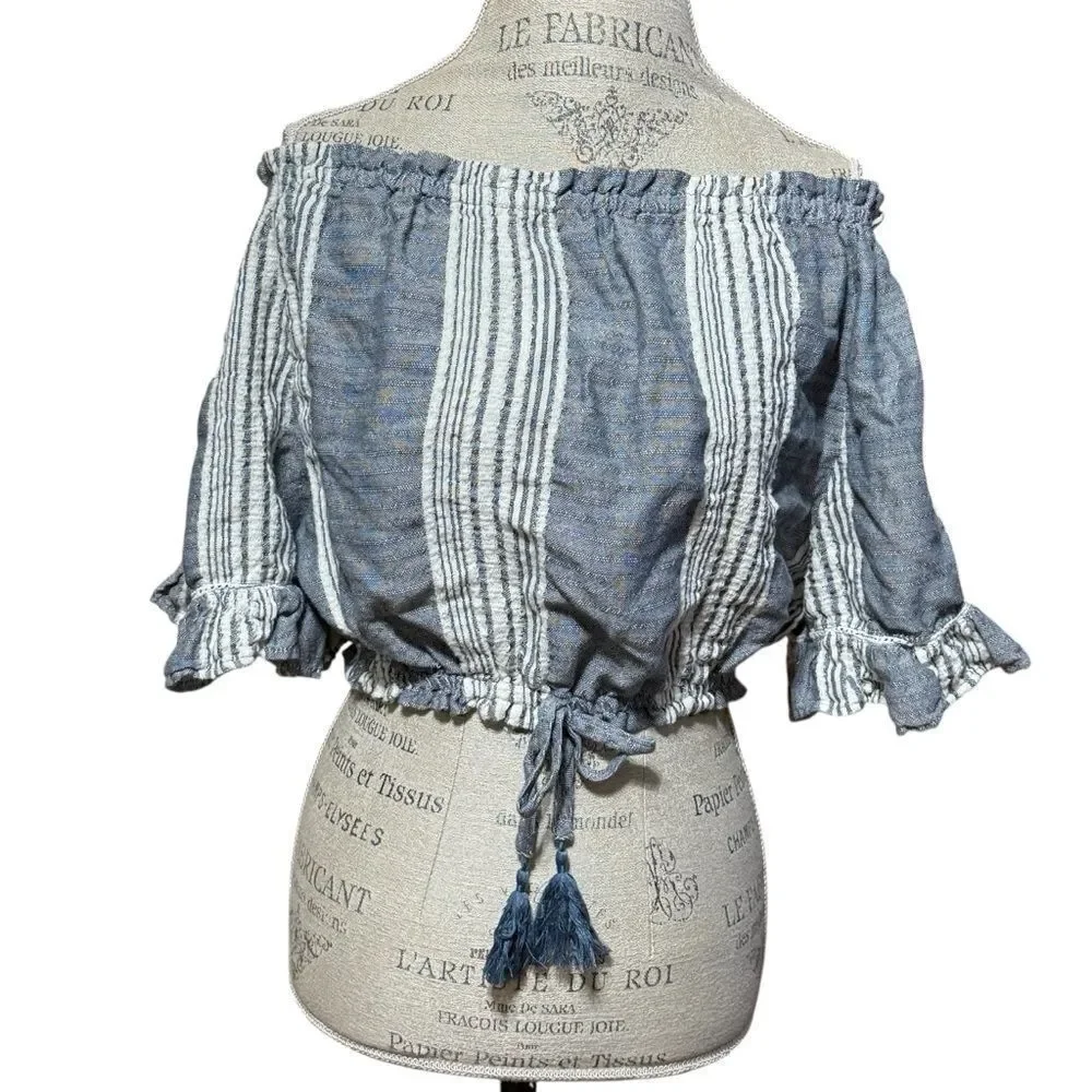 Surf Gypsy Women's Off-Shoulder Striped Top Cotton Gray White Size Medium